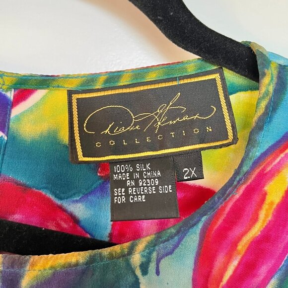 Diane Gilman  Silk Blouse Vibrant, Multicolored Floral & Foliage Pattern Size 2x - Picture 4 of 9